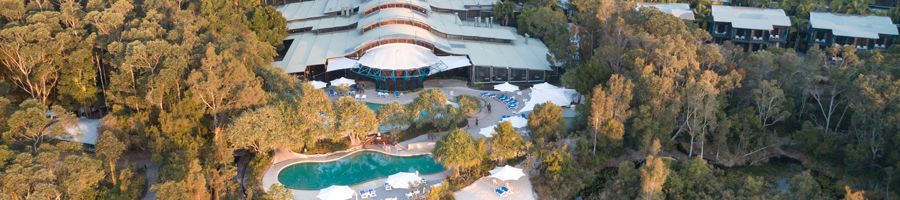 Aerial image of Kingfisher Bay Resort in the Kgari wilderness