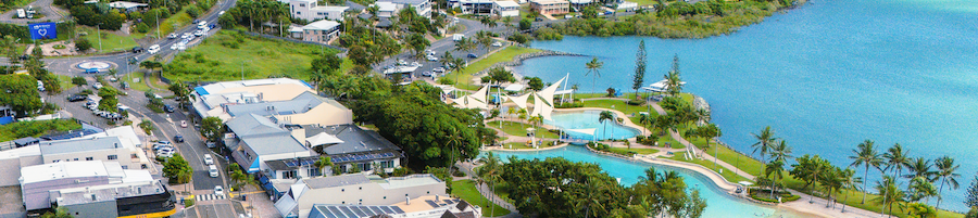 A drone shot of Airlie Beach 