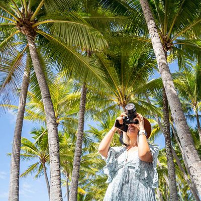 girl taking a photo of palm trees in port douglas