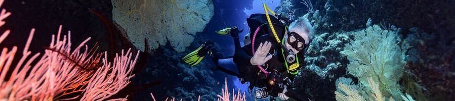 A scuba diver waving to the camera while swimming through the reef