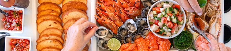 Seafood platter with oyster, prawns, salad, on Milady