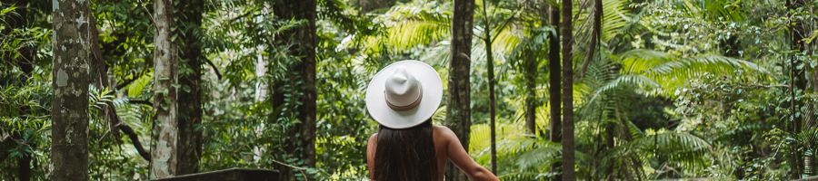 A woman in a white hat walking amongst Central Station rainforest