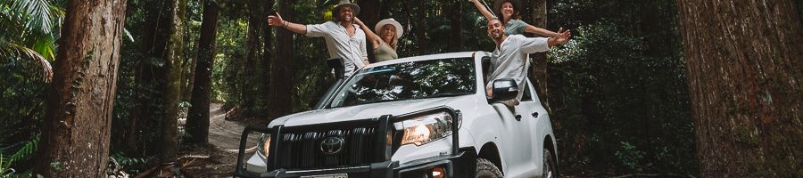 people posing in a white landcruiser in the forest