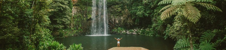 Person with arms raised standing in front of Millaa Millaa Falls, Cairns