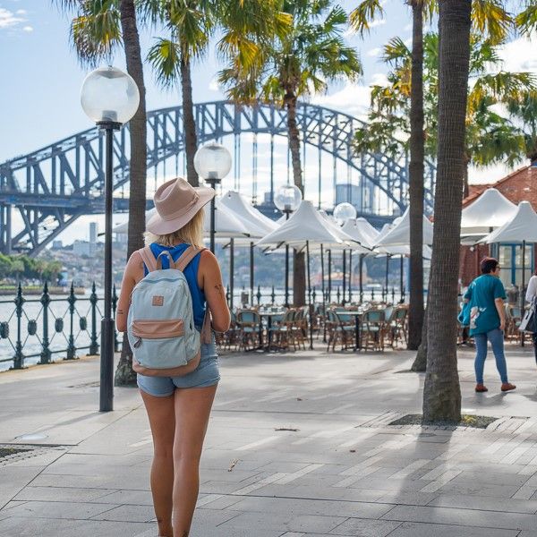 Girl in front of Sydney Harbour Bridge
