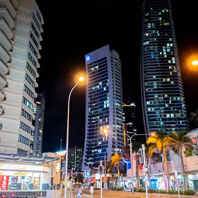 A cityscape in the Gold Coast at night