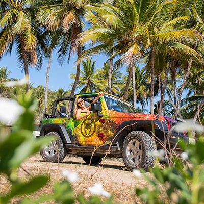 A woman in a colourful 4WD with palm trees and sand