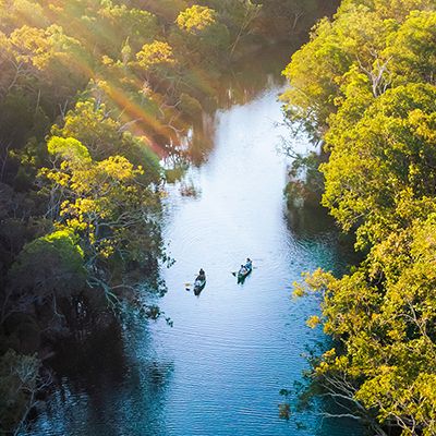 Noosa everglade aerial photo view with two kayaks 