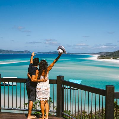 Two people at Hill Inlet lookout, Whitsundays