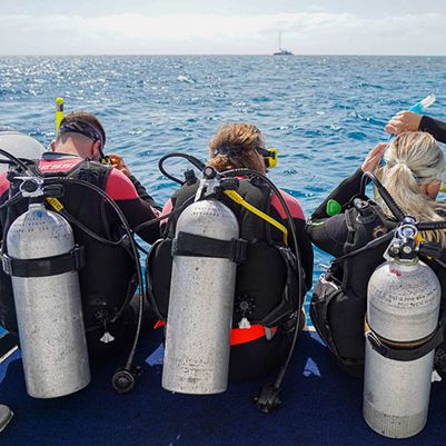 Three people wearing scuba tanks on the Great Barrier Reef