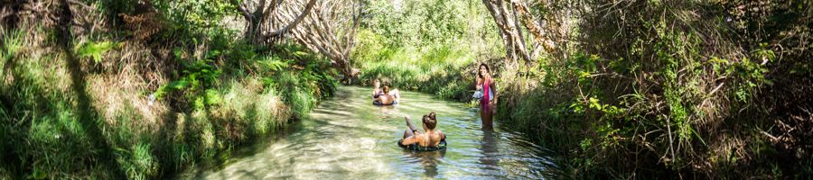 Three people floating down Eli Creek on pool floats 