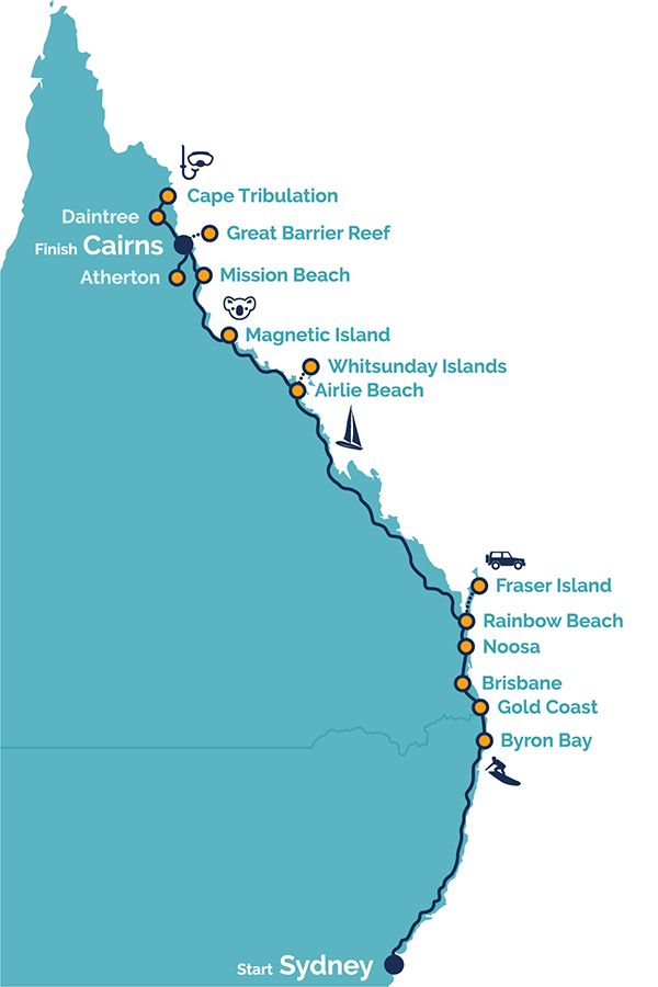 East Coast Tours map Sydney to Cairns with location pointers