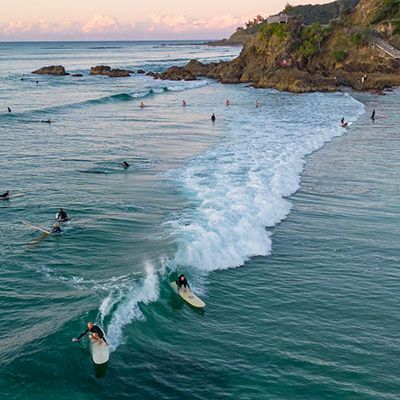 Aerial view of surfers at The Pass, Byron Bay