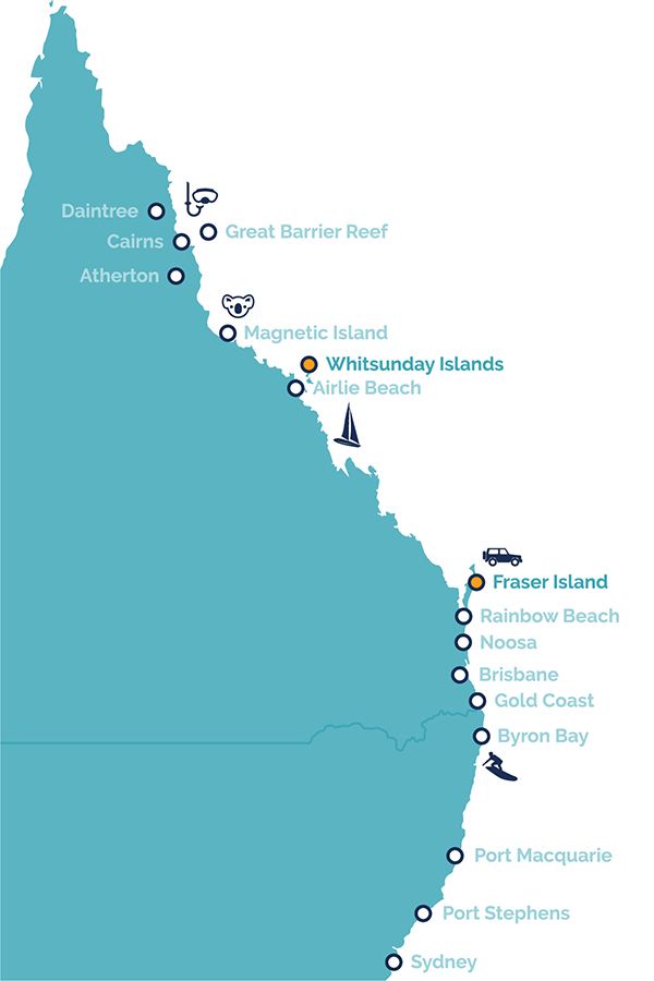 East Coast Map with K'gari and Whitsundays marked