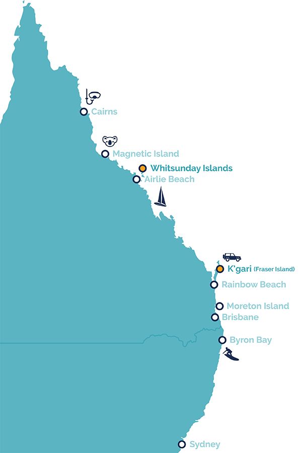 East Coast Map with K'gari and Whitsundays marked