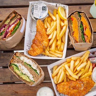 sandwiches and fish and chips from a cafe in Australia