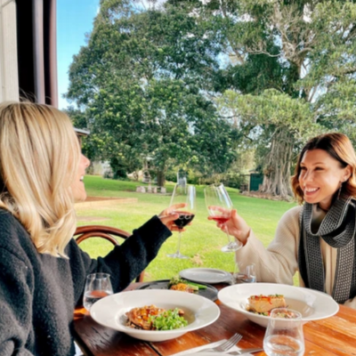 two women enjoying a gourmet lunch with wine