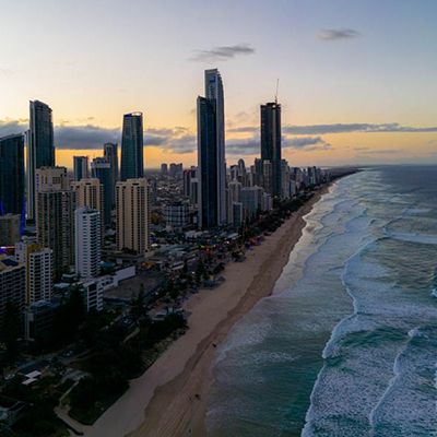 Gold Coast skyscrapers and ocean at sunrise