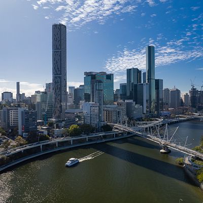 aerial view of brisbane city skyline and river