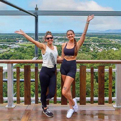 two girls posing at the bungy jump platform in cairns