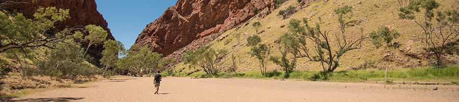 man walking through outback australia desert scenery