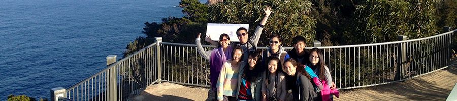 A group of people at a lookout by the sea with a lighthouse