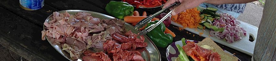 plate of deli meats and veggies on a picnic table in the outback