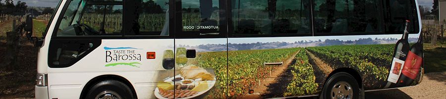 Taste the Barossa decorated bus parked on the road in south australia