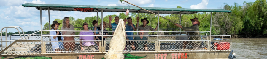 river tour guide feeding wild croc meat on pole