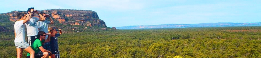 group of people standing on rocky lookout over outback