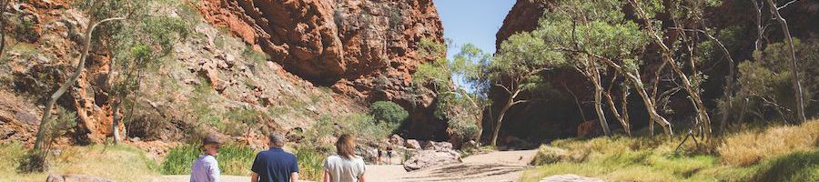 people walking through outback scenery on a desert hike