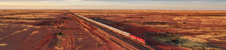 The Ghan train travelling through the red centre outback