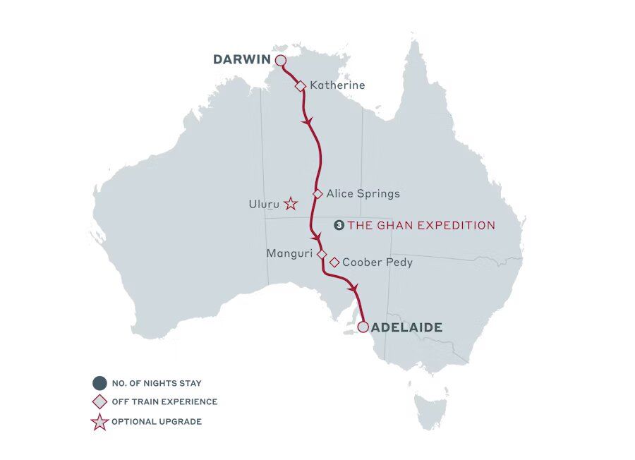 The Ghan train journey map of Australia