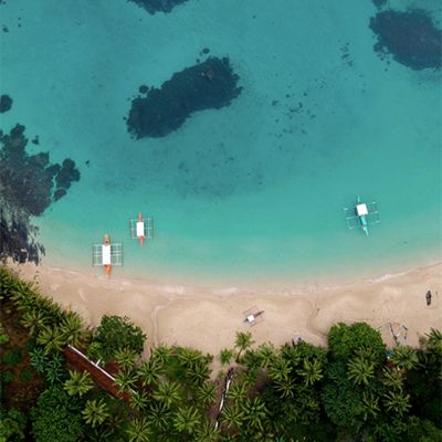 Aerial view of boats on the beach surrounded by forest