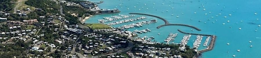 An aerial image of Airlie Beach in Queensland, Australia