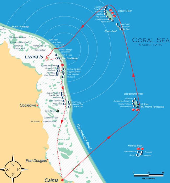 A map of the dive sites on the Mike Ball 7 Day Tour in Cairns