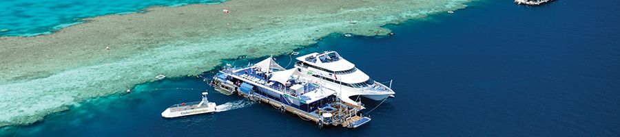 aerial view of reefworld pontoon and cruise whitsundays boat