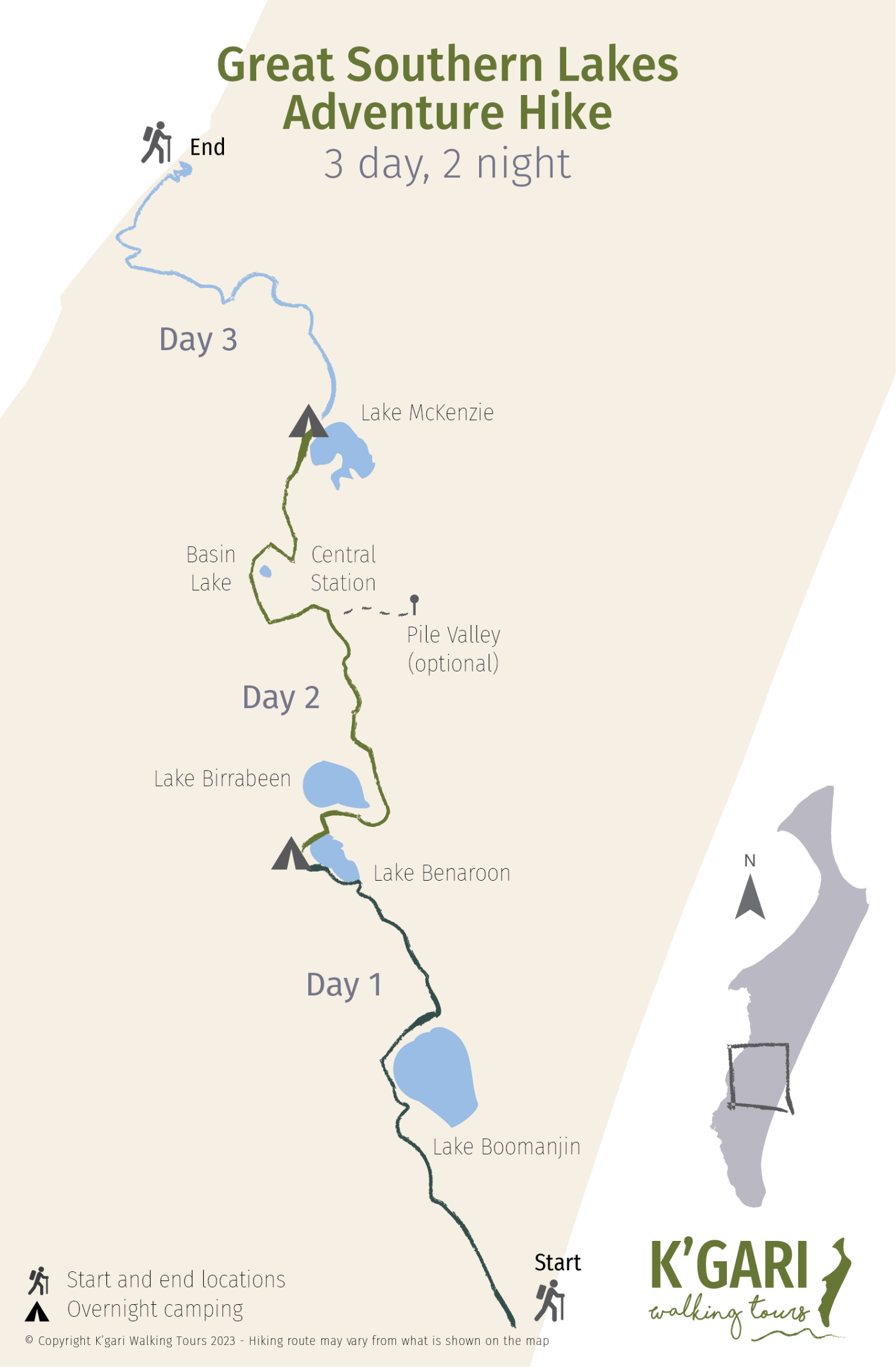 map of great southern lakes hike kgari walking tours