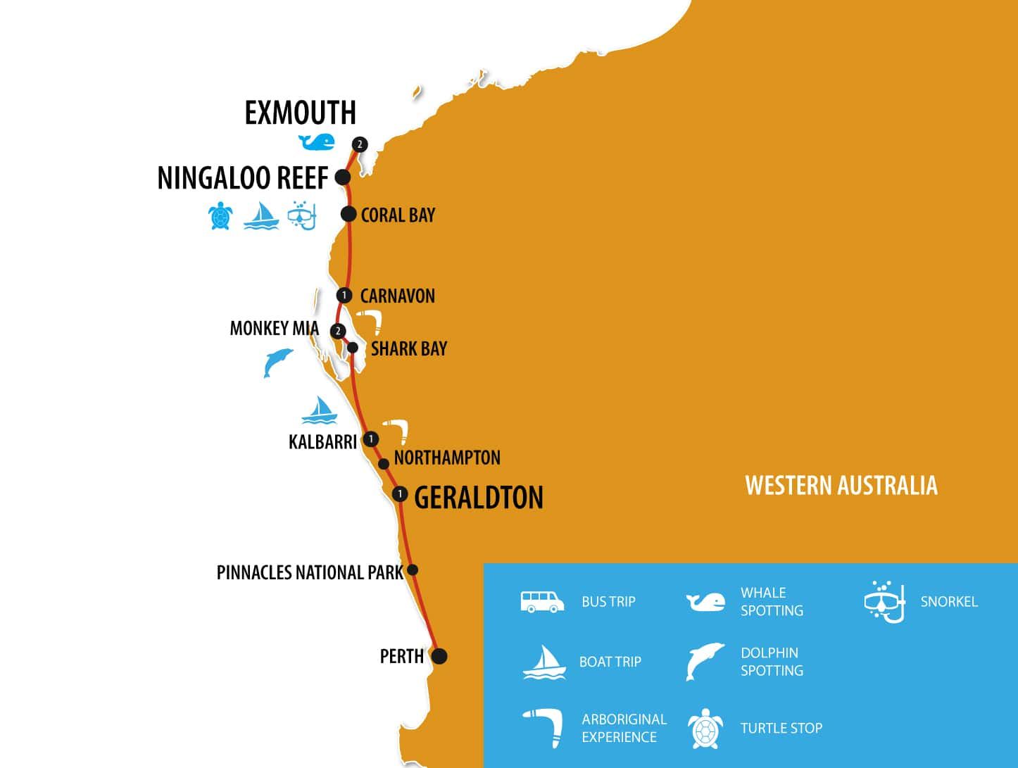 map of perth to exmouth tour via travel