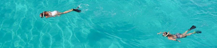 two people snorkelling in bright blue water near cairns